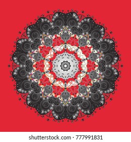 Contour red, gray and white mandala shaped snowflakes for art therapy style zen drawing. Hand-drawn, stylish doodle in tatto style, fabric design and cards in Vector illustration.