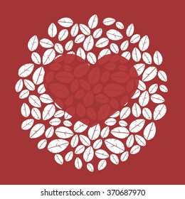 Contour red hearts on a background of leaves. Card for Valentine's Day