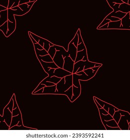 Contour red ivy leaves on a dark background. Seamless pattern.