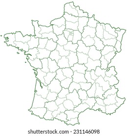 Contour region and department map of the France  