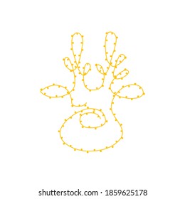 Сontinuous contour of Reindeer head, hand drawn one line drawing. Vector illustration with yellow light garland, deer silhouette in minimalist art. Christmas card, isolated element on white background