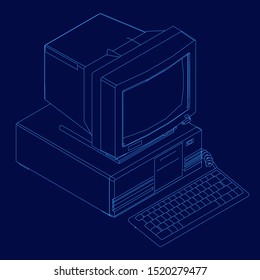 The contour of a retro computer with a large monitor. Computer wireframe made of blue lines on a dark background. View isometric. Vector illustration.