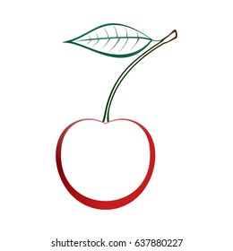 Contour of ripe red cherry with green stem with brown end and green leaf on white background. Ripe summer natural home made fruits