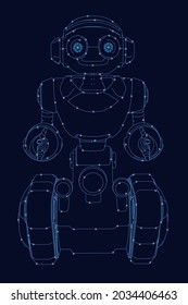 Contour of a robot on a goose with hands with glowing lights from blue lines isolated on a dark background. Front view. Vector illustration