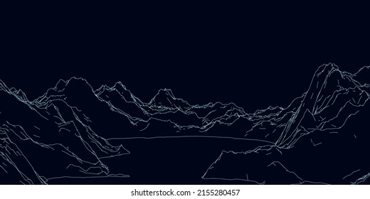 The contour of the rocky mountains from blue lines isolated on a dark background. Vector illustration.