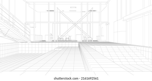 The contour of the room with a pool and tables for relaxing from black lines isolated on a white background. 3D. Vector illustration.