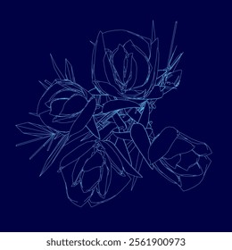 Contour Rose flower of blooming plant. Garden rose isolated icon of blossom, petal and bud with stem and leaf for romantic floral decoration, wedding bouquet and valentine greeting card