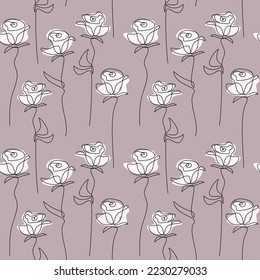 Contour roses seamless pattern. Abstract floral illustration. Line flowers vector. Botanical outline backdrop. Wallpaper, background, fabric, textile, print, wrapping paper or package design.