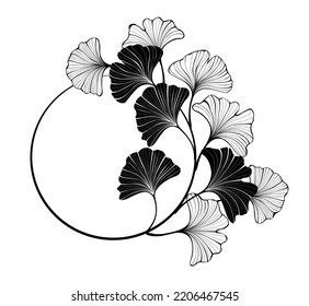 Contour, round banner with silhouette and outline leaves of ginkgo biloba on white background.