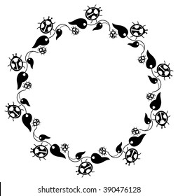 Contour round frame with ladybugs silhouettes. Vector clip art.