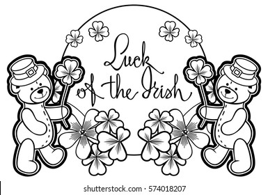 Contour  round frame with shamrock, teddy bear and artistic written text "Luck of the Irish". Copy space. Vector clip art.