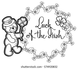 Contour  round frame with shamrock, teddy bear and artistic written text "Luck of the Irish". Copy space. Vector clip art.