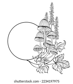 Contour, round monogram decorated with swamp mushrooms with wild plants on white background. Goblincore.