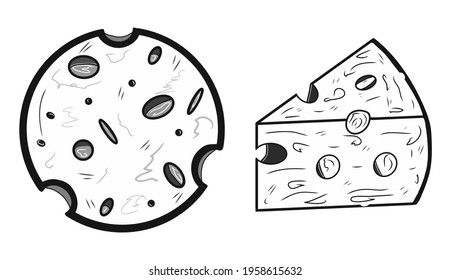 Contour round and piece of cheese icons. Creative illustrations. Sketch. Idea for decors, logo, patterns, papers, covers, gifts, celebrations and holidays, organic food themes. Isolated vector art.
