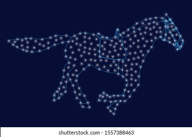 Contour of a running horse from blue lines on a dark background with luminous lights. Vector illustration