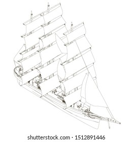Contour of a sailing ship made of black lines Isolated on a white background. View isometric. 3D. Vector illustration.