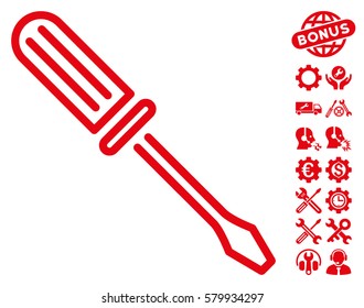 Contour Screwdriver pictograph with bonus setup tools design elements. Vector illustration style is flat iconic red symbols on white background.