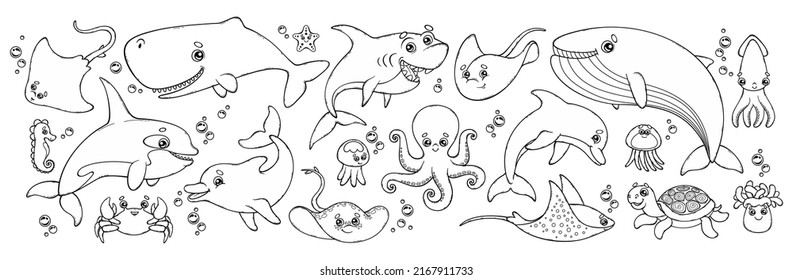 Contour of sea animals. Outline vector set great for childish coloring.