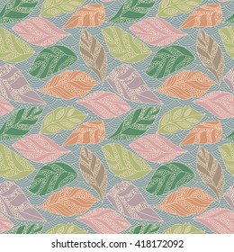 Contour seamless background with leaf, abstract leaf texture. Seamless pattern can be used for wallpaper, pattern fills, web page background, surface textures. Vector illustration.