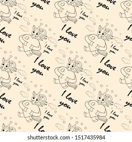 contour seamless childrens illustration little unicorn hugs heart I love you  checkered greeting card design for Valentines day vector EPS 10