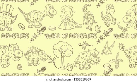 contour seamless illustration pattern of small dinosaurs and trees, plants, stones, for decoration design in Doodle style vector