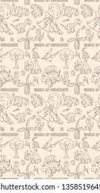 contour seamless illustration pattern of small dinosaurs and trees, plants, stones, for decoration design in Doodle style vector