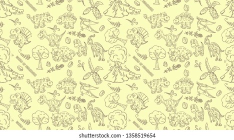 contour seamless illustration pattern of small dinosaurs and trees, plants, stones, for decoration design in Doodle style vector
