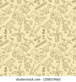 contour seamless illustration pattern of small dinosaurs and trees, plants, stones, for decoration design in Doodle style vector