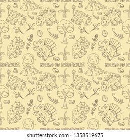 contour seamless illustration pattern of small dinosaurs and trees, plants, stones, for decoration design in Doodle style vector