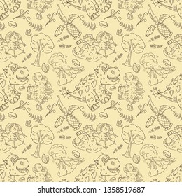 contour seamless illustration pattern of small dinosaurs and trees, plants, stones, for decoration design in Doodle style vector