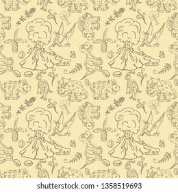 contour seamless illustration pattern of small dinosaurs and trees, plants, stones, for decoration design in Doodle style vector