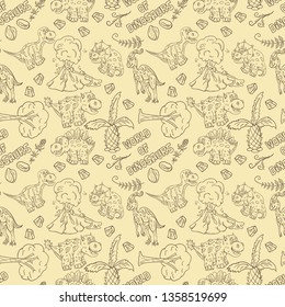 contour seamless illustration pattern of small dinosaurs and trees, plants, stones, for decoration design in Doodle style vector