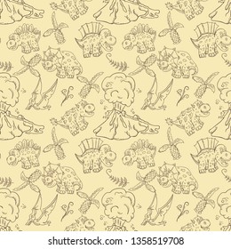 contour seamless illustration pattern of small dinosaurs and trees, plants, stones, for decoration design in Doodle style vector