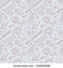contour seamless illustration pattern of small dinosaurs and trees, plants, stones, for decoration design in Doodle style vector