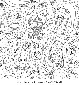 Contour seamless pattern. Black contours on white background. Marine animals and fish, mermaids and seashells hand-drawn.