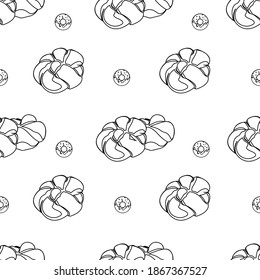 Contour seamless pattern of braided buns. Vector illustration isolated on a white background. Texture for fabrics, textiles, menus, packaging, website, etc.