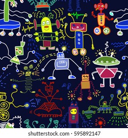Contour seamless pattern with colored robots. Comic robot characters.