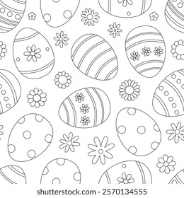 Contour seamless pattern with easter eggs and flowers. Cute outline holiday texture. Coloring page for print. Vector illustration on white background