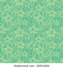 contour seamless pattern with green  flowers and butterflies