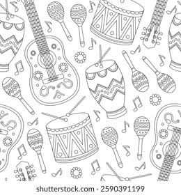 Contour seamless pattern with guitars, drums, drumsticks, maracas and notes. Outline musical instruments for Brazil carnival, music festival. Vector illustration for wallpaper, textile, packaging