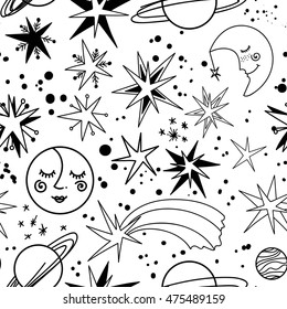Contour seamless pattern with hand drawn elements. Black cartoon stars, comet, planet and Moon on white background. Doodle seamless pattern with night sky. 