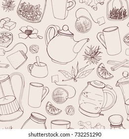 Contour seamless pattern with hand drawn tools for preparing and drinking tea - electric kettle, french press, teapot, cup, mug, sugar, lemon, herbs and spices. Vector illustration in light colors.