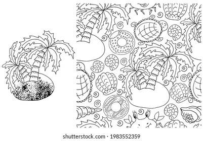 Contour Seamless pattern. ideal for children's clothing. Palm tree and background with marine elements. Cute illustrations