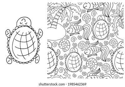 Contour Seamless pattern. ideal for children's clothing. Turtle and background with marine elements. Cute illustrations