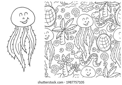 Contour Seamless pattern. ideal for children's clothing. Jellyfish and background with seashells and sea