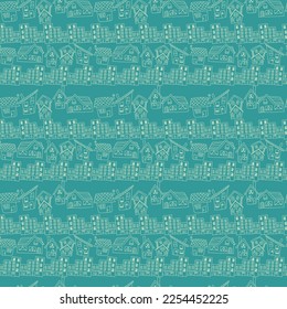 Contour seamless pattern with outline silhouette of cartoon houses drawn in coloring book style vector