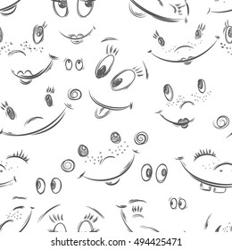 Contour Seamless Pattern With Sketch Smile. Cartoon Smiling Faces On White Background. Emotions Texture: Joy, Laughter, Fun And Positive Mood.
