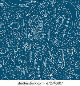 Contour seamless pattern. White contours on dark background. Marine animals and fish, mermaids and seashells hand-drawn.