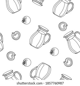 Contour seamless pattern of whole and chopped tomatoes and tomato juice in a decanter. Vector illustration isolated on a white background. Texture for fabric, textile, menu, packaging, website.