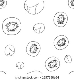 Contour seamless pattern of whole and sliced kiwi. Vector illustration isolated on white background. Texture for fabric, textile, menu, packaging, website.